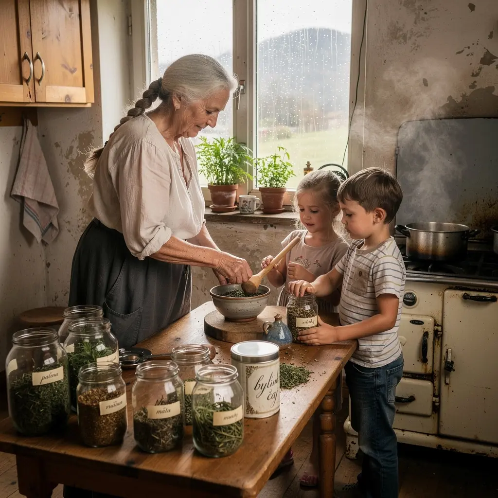 Pohľad na relaxačnú scénu s čajom z paliny, knihou a sviečkami na stole.